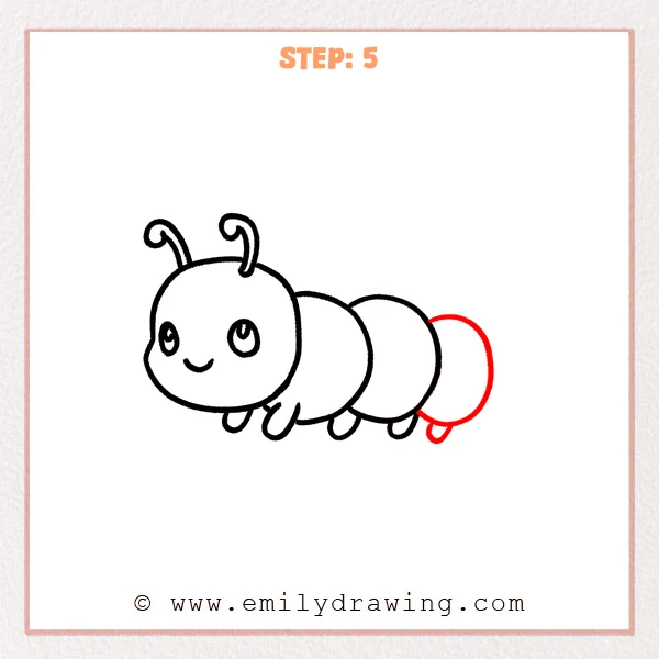 how to draw a cartoon caterpillar - The cartoon caterpillar now has a third tail body segment added at the back and one more tiny U-shaped leg underneath, extending the caterpillar’s body.